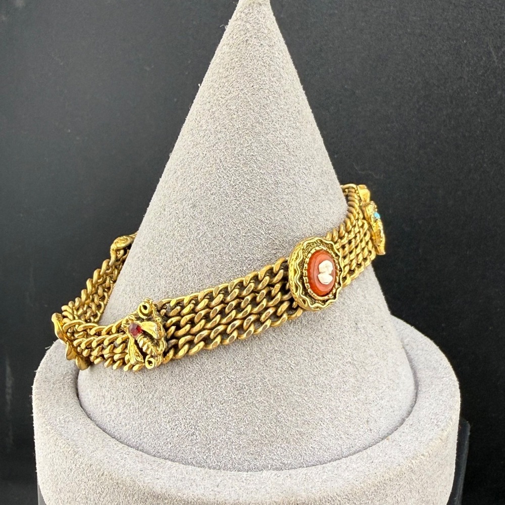 Vintage Goldette Bracelet Gold Tone Insect Flower Cameo Signed 6.5"